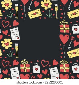 Valentine's day frame. Seamless background with hearts, giftbox, flowers. Love background