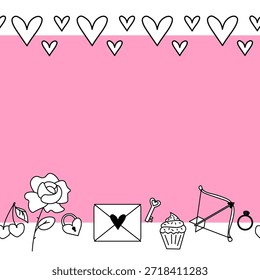 Marco del día de San Valentín sin fisuras frontera Horizontal. Vector gráfico línea ilustración en blanco y negro. Para el cartel, invitación, telón de fondo, anuncio, promoción de la venta, impresión para la camiseta
