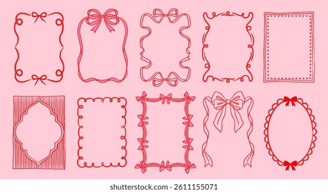 Valentines Day Frame Set. Adorable pink romantic borders with bows, cute ribbons and abstract shapes. Design elements for greeting cards. Flat vector illustration collection isolated on background