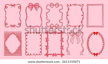 Valentines Day Frame Set. Adorable pink romantic borders with bows, cute ribbons and abstract shapes. Design elements for greeting cards. Flat vector illustration collection isolated on background