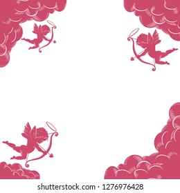 Valentine's day frame, template with cute cupids and clouds for ads, sales, coupons, cards, invitations, greetings, weddings, banner. vector illustration EPS 10