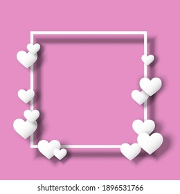 Valentinstag-Rahmenvorlage. weiße Herzen mit Schatten und leeren Raum für die Nachricht. Kopienraum auf rosafarbenem Hintergrund