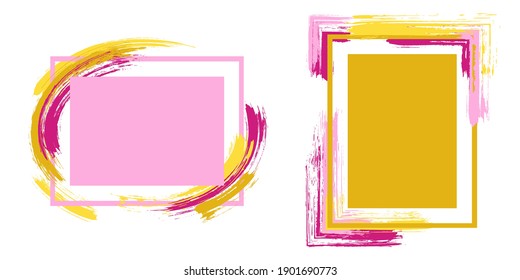 Valentine's Day frames with paint brush strokes vector set. Box borders with painted brushstrokes backgrounds. Pink gold Valentine graphic design flat frame templates for banners, posters, cards.