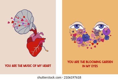 Valentines Day freaky greetings cards. Anatomical bloody hearts and eyes. Blooming eyes. Gramophone with hearts. Creepy Valentine.