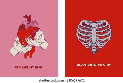 Valentines Day freaky greetings cards. Anatomical bloody hearts and chest. Heart in skeleton chest. Heart in hands. Creepy Valentine.