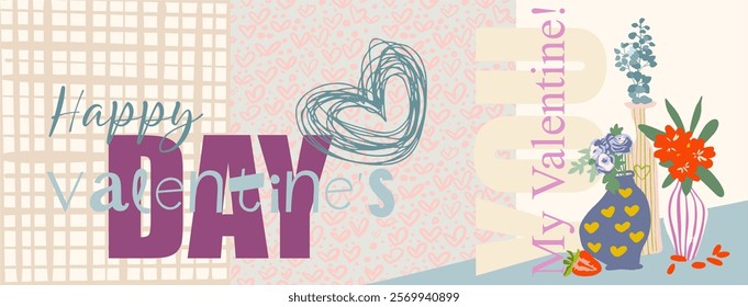 Valentine's Day - fully editable poster in modern abstract flat style. Seamless pattern (background), pictures and hearts with text - perfect for advertising, branding, posters. Digital illustration