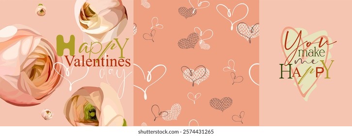 Valentine's Day - fully editable poster in modern abstract flat style. Seamless pattern (background), pictures and hearts with text - perfect for advertising, branding, posters. Digital illustration