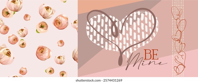 Valentine's Day - fully editable poster in modern abstract flat style. Seamless pattern (background), pictures and hearts with text - perfect for advertising, branding, posters. Digital illustration