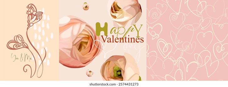 Valentine's Day - fully editable poster in modern abstract flat style. Seamless pattern (background), pictures and hearts with text - perfect for advertising, branding, posters. Digital illustration