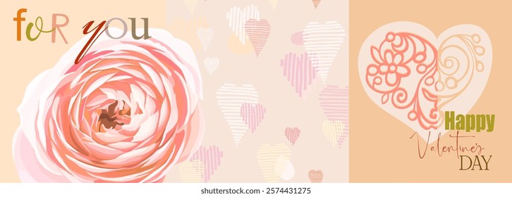 Valentine's Day - fully editable poster in modern abstract flat style. Seamless pattern (background), pictures and hearts with text - perfect for advertising, branding, posters. Digital illustration