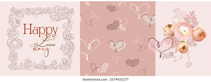 Valentine's Day - fully editable poster in modern abstract flat style. Seamless pattern (background), pictures and hearts with text - perfect for advertising, branding, posters. Digital illustration