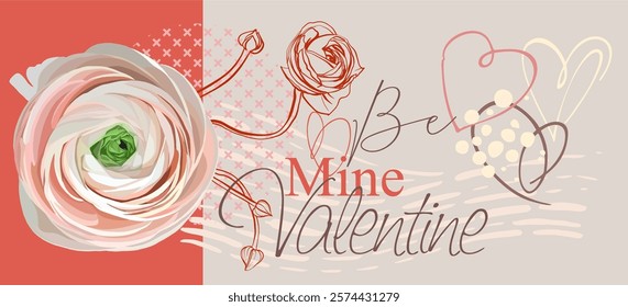 Valentine's Day - fully editable poster in modern abstract flat style. Seamless pattern (background), pictures and hearts with text - perfect for advertising, branding, posters. Digital illustration