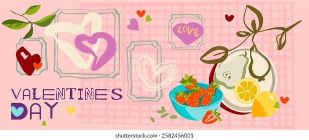 Valentine's Day - fully editable poster in modern abstract flat style. Seamless pattern (background), pictures and hearts with text - perfect for advertising, branding, posters. Digital illustration