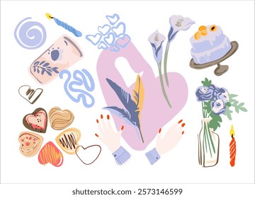 Valentine's Day - fully editable set of isolated illustrations in modern abstract flat style. Digital illustrations on the theme of celebrating the world valentine's day for branding, advertising
