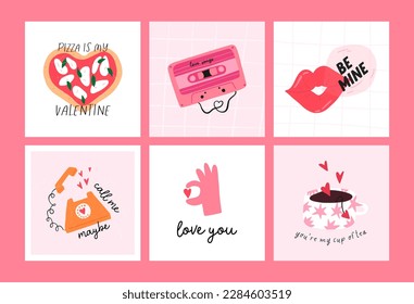 Valentine's day funky greeting cards and posters set, cartoon flat vector illustration. Hand drawn love symbols - pizza in shape of heart, old music tape, cup of tea, hand holds heart. 90s style.