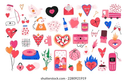 El día de San Valentín funky y peculiar conjunto con textura grunge, ilustración vectorial de dibujos animados aislada en fondo blanco. Elementos divertidos con concepto de amor - corazón ardiente, caja de regalo, teléfono retro.