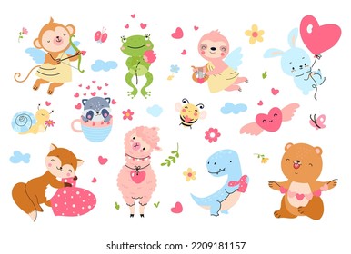 Valentines day funny cartoon animals. Kids cute animal in love. Sloth, bee fox and raccoon with hearts. Pets romantic nowaday vector characters