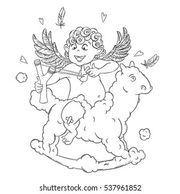 Valentine's day. Funny Cupid on a cloud horse shoots with a slingshot. Vector illustration isolated on white background. Card. Coloring page.