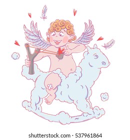 Valentine's day. Funny Cupid on a cloud horse shoots with a slingshot. Vector illustration isolated on white background. Card. T-shirt print.