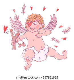 Valentine's day. Funny Cupid with patch on the knee on a cloud shoots with a slingshot. Vector illustration isolated on white background. Card. T-shirt print.