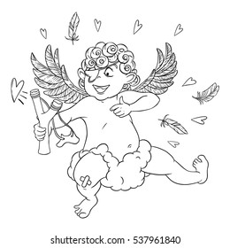 Valentine's day. Funny Cupid with patch on the knee on a cloud shoots with a slingshot. Vector illustration isolated on white background. Card. Coloring page.