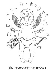 Valentine's day. Funny Cupid-boy in cloud pants with bow and arrows in his hands. Hearts around.