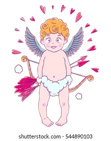 Valentine's day. Funny Cupid-boy in cloud pants with bow and arrows in his hands. Hearts around.