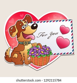 Valentine's day. Funny dog with basket of flowers and letter. Greeting card. For kids.