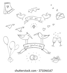 Valentine`s day funny doodle vector set