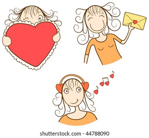 Valentine's Day. Funny girls collection - girl with heart, girl with envelope, music girl. Vector illustration.