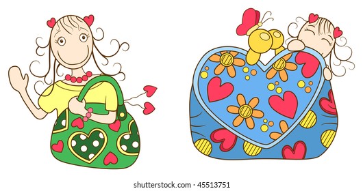 Valentine's Day. Funny girls collection - girl with bag and girl with purse. Vector illustration.