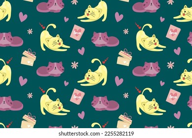 Valentines day funny hand drawn cartoon cats with hearts, love card, gift seamless pattern on white background. Kids childish baby wallpaper for fabric, print, textile, apparel