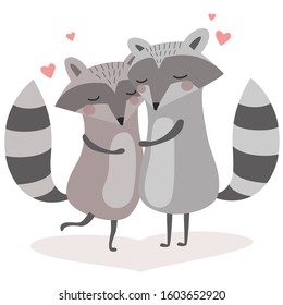 Valentine's Day. Funny illustration with raccoons in love. Character design in cartoon style for cards or print.