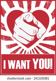 Valentine's day funny poster or postcard with hand pointing and love statement. Eps10 vector illustration