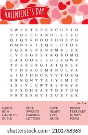  Valentine's Day game. Word search puzzle. Fun printable party activities. Crossword for learning English. Party card.  Find hidden words about love. 