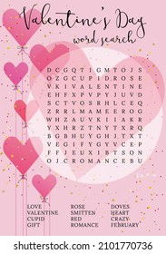 Valentine's Day game. Word search puzzle. Fun printable party activities. Crossword for learning English. Party card.  Find hidden words about love. 