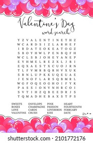 Valentine's Day game. Word search puzzle. Fun printable party activities. Crossword for learning English. Party card.  Find hidden words about love. 