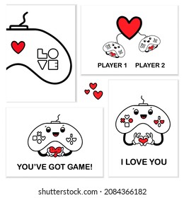 Valentine's day gamer card set with 30s cartoon style video game console controller clipart, hearts and short phrases. Retro vector graphic for February 14th romantic holiday. 