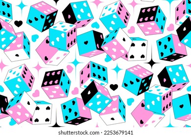 Valentine's day gaming dice seamless pattern in trendy y2k neon retro design. Vector background in 90s, 00s aesthetic