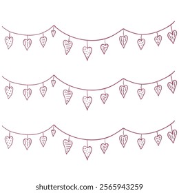 Valentines Day Garland with Hearts. Line Art Illustration.