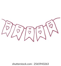 Valentines Day Garland with Hearts. Line Art Illustration.