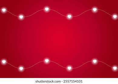 Valentines Day garland lights and hearts for premium vector red card background. Vector illustration