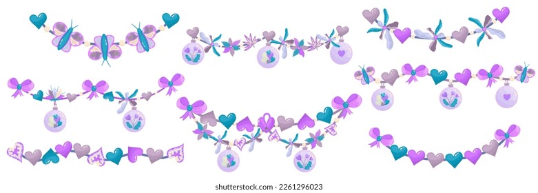 Valentines Day garland set with heart and daisy isolated. Cartoon vector illustration. Valentine party flags. February love day greeting card hearts garland. White background.
