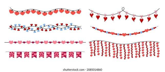 Valentines Day garlands set. Hanging hearts decorations isolated. Valentine party lights and flags. Vector flat garlands collection