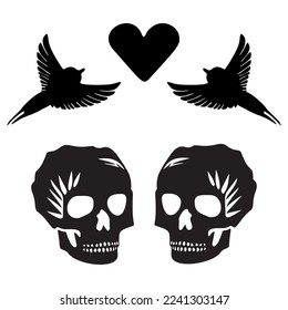 Valentines day gay lgbt skull tattoo graphic. Vector skeleton couple. 