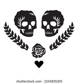 Valentines day gay lgbt skull tattoo graphic. Vector skeleton couple. 