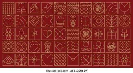 Valentine's day geometric background in line style. Modern pattern with minimalist Valentines day gold line icons. Love and hearts. Trendy design for print, banner, fabric, card, wrapping paper, cover