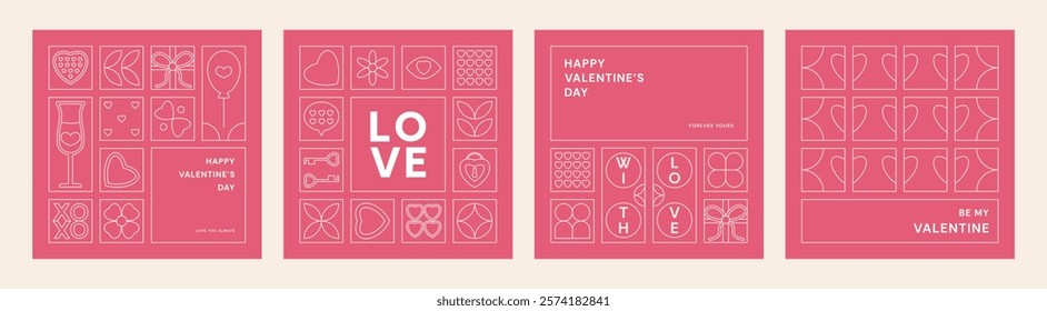 Valentine's Day geometric background in line style. Square minimalist Poster template with Modern pattern. Set of love cards with simple icons in flat outline style. Trendy romantic banner cover, post