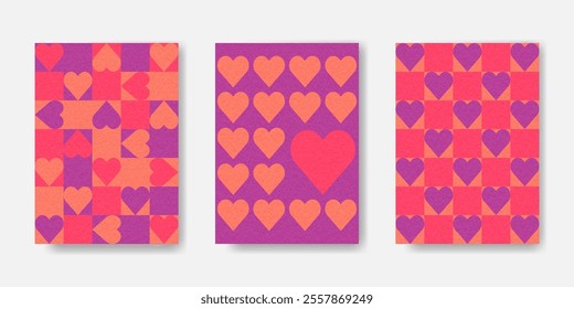 Valentines Day Geometric Backgrounds set. Romantic Heart shapes posters. Modern Love Template for card, cover, flyer, label, sale promotion