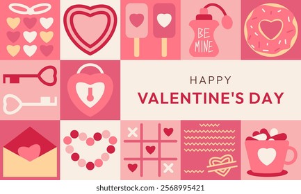 Valentines Day Geometric Banner template. Trendy minimalist design with icons, hearts and flower for invitation, card, branding, cover. Perfume envelope donut gift lock keys ice cream simple shape